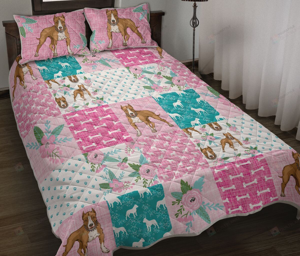 Pitbull Flower Patchwork Quilt Bedding Set