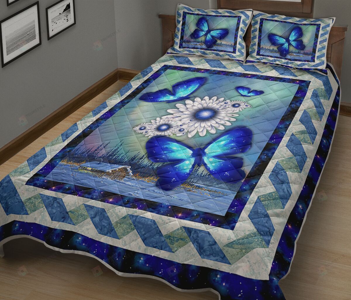 Blue Butterfly Quilt Bedding Set