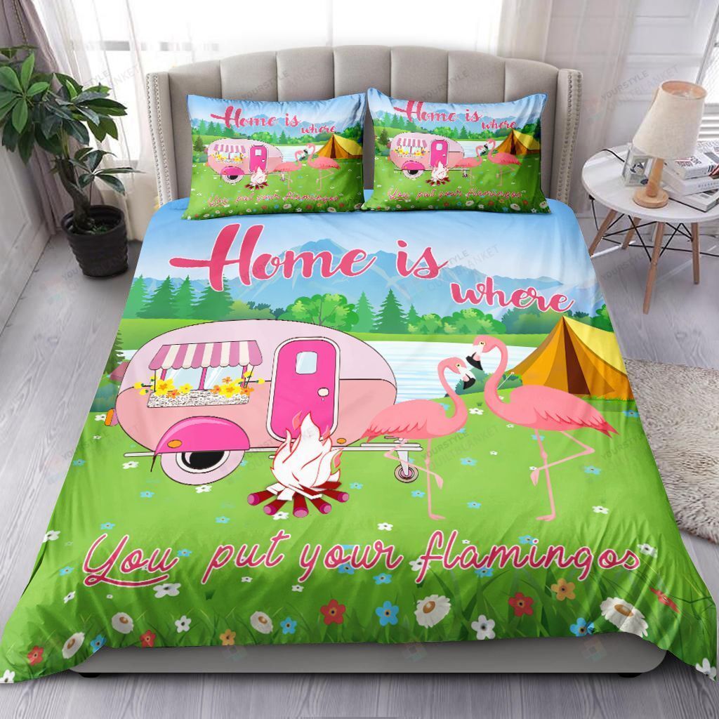 Camping Flamingo Home Is Where You Put Your Flamingo Bedding Set Bed Sheets Spread Comforter Duvet Cover Bedding Sets