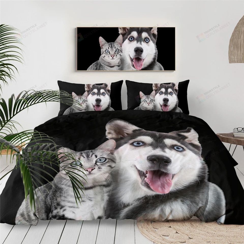 Husky And Cat Bedding Set Bedding Set Bed Sheet Spread Comforter Duvet Cover Bedding Sets