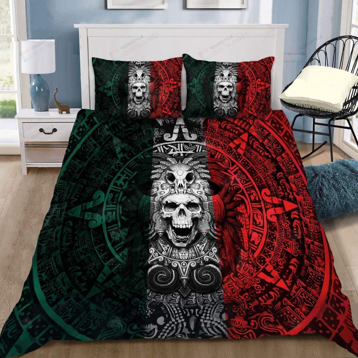 Mexico Aztec Skull Warrior Flag Color Duvet Cover Bedding Set