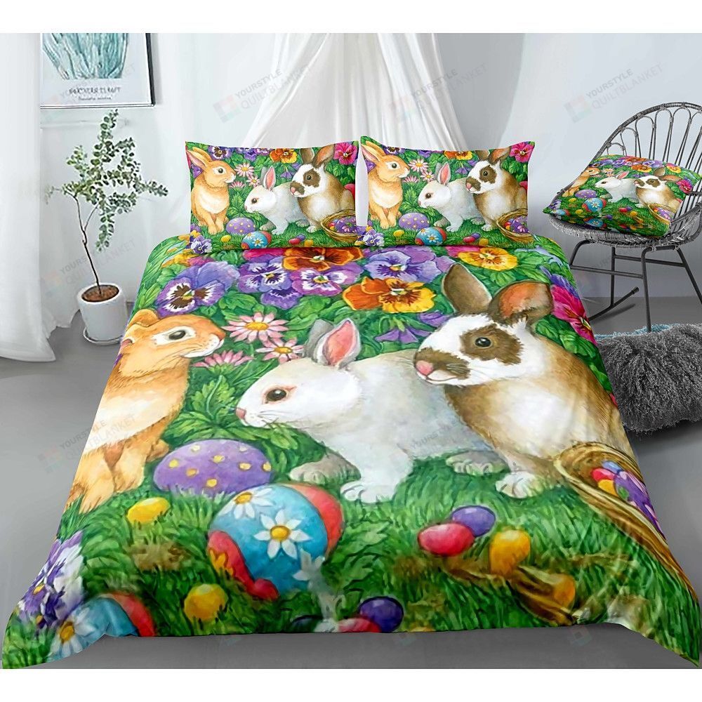 Easter Bunny In Flower Garden Bedding Set Bed Sheets Spread Comforter Duvet Cover Bedding Sets