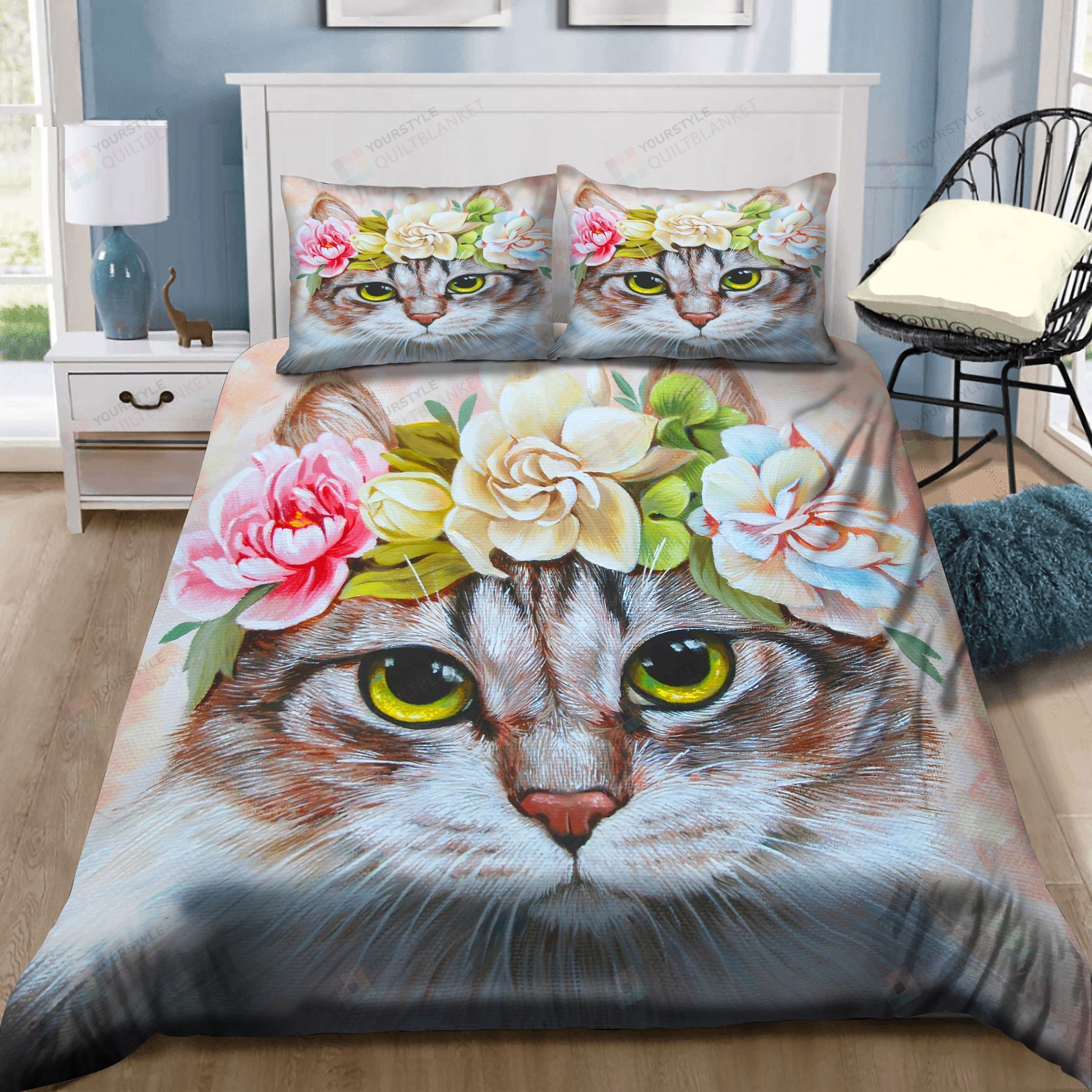 Cute Cat With Flowers Bedding Set Bed Sheets Spread Comforter Duvet Cover Bedding Sets