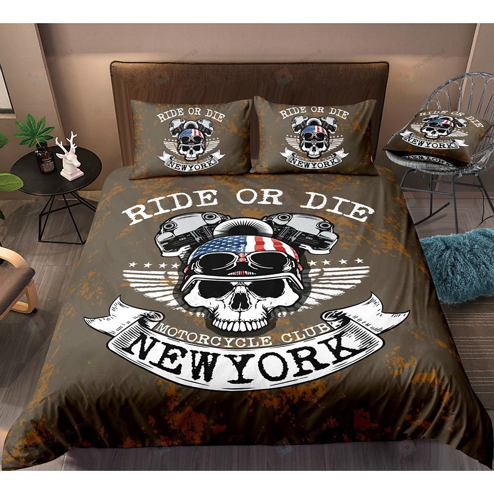 Skull Motorcycle Ride Or Die Motorcycle Club New York Bedding Set Bed Sheets Spread Comforter Duvet Cover Bedding Sets
