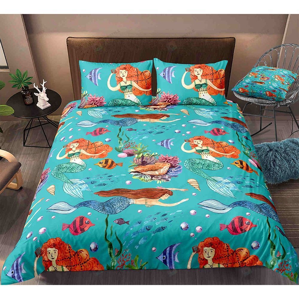 Cartoon Mermaid In The Ocean Bedding Set Bed Sheets Spread Comforter Duvet Cover Bedding Sets