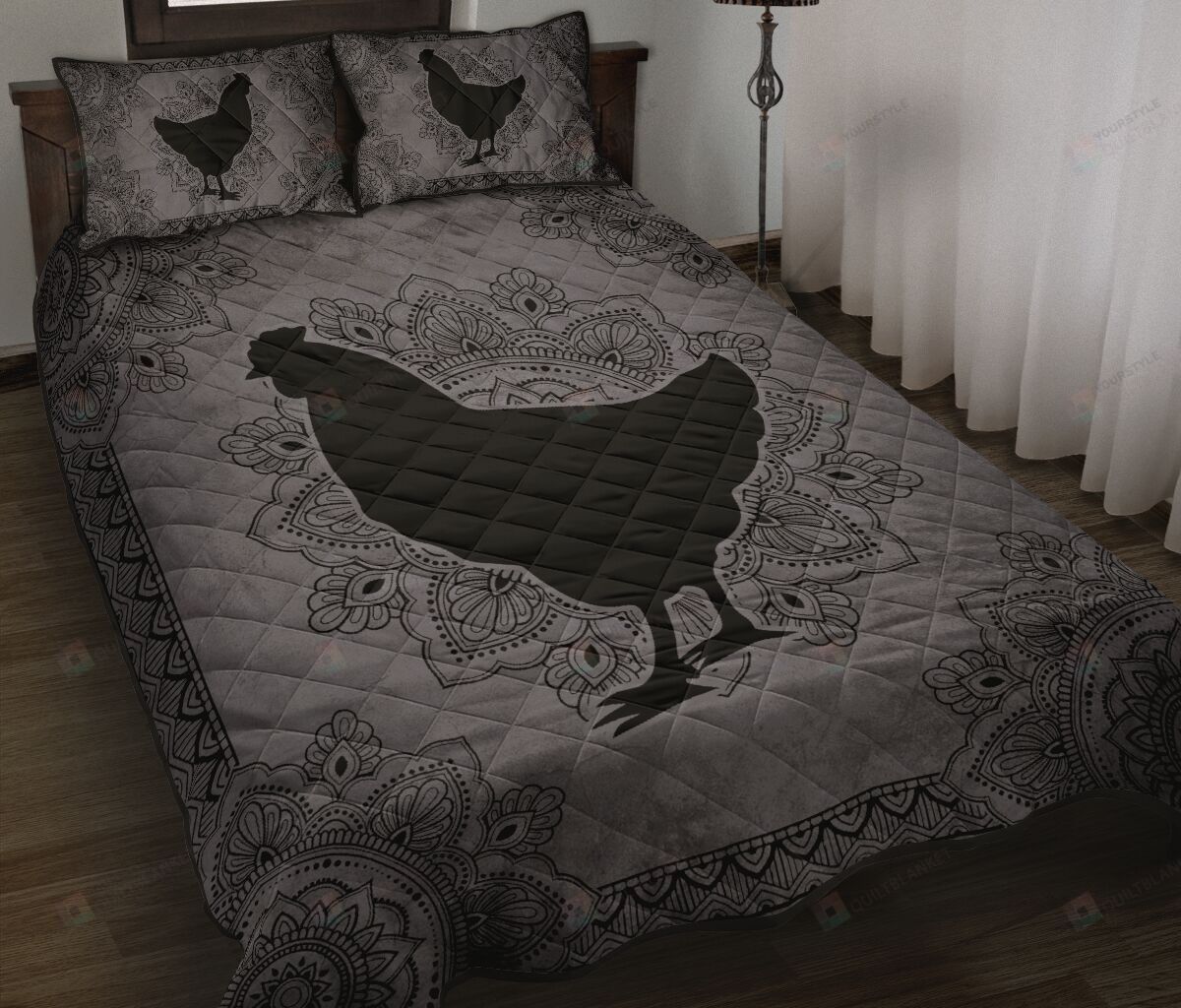 Black And Grey Chicken Quilt Bedding Set