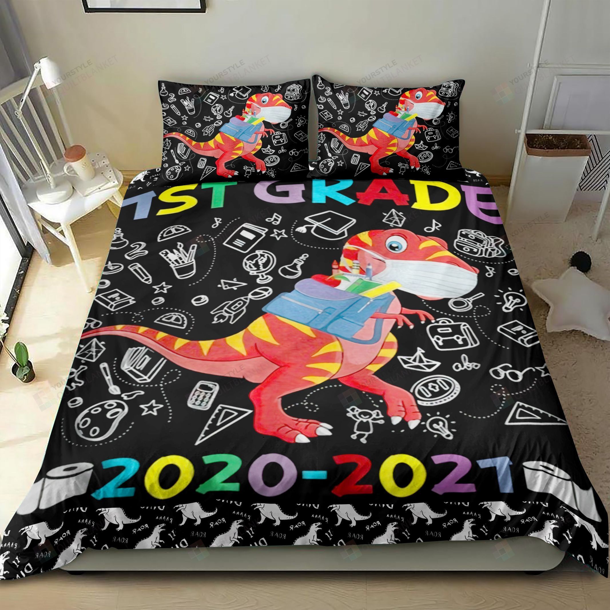 Quarantine Dinosaur 1st Grade Back To School Bedding Set Bed Sheets Spread Comforter Duvet Cover Bedding Sets