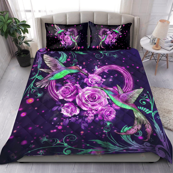 Couple Hummingbird And Rose Quilt Bedding Set