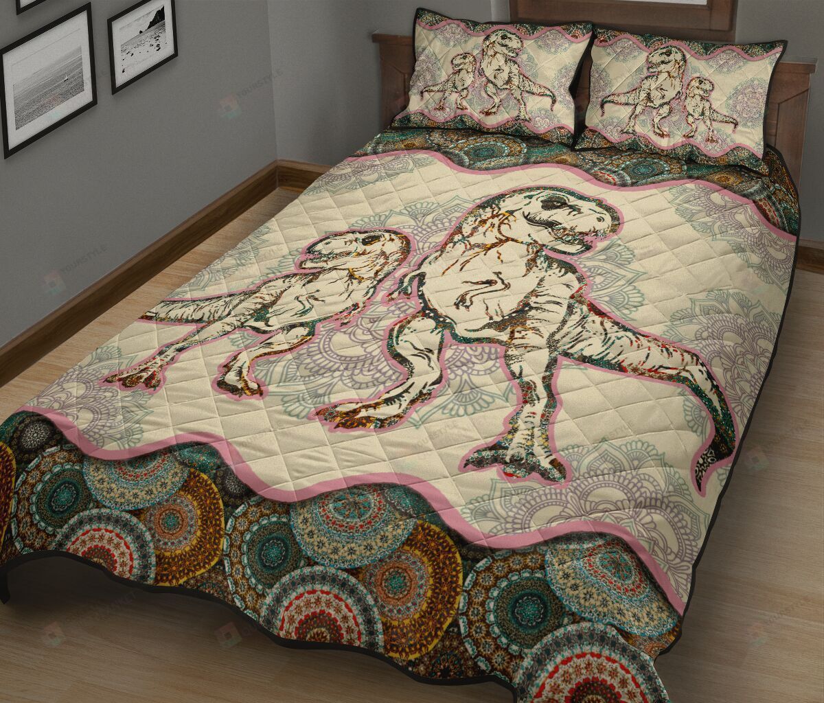 Dinosaur Family Mandala Quilt Bedding Set