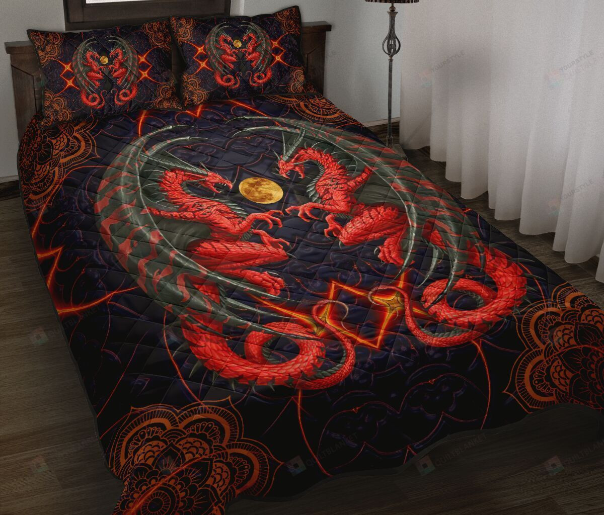 Fire Dragon Mandala Vingate Art Style Quilt Bedding Set