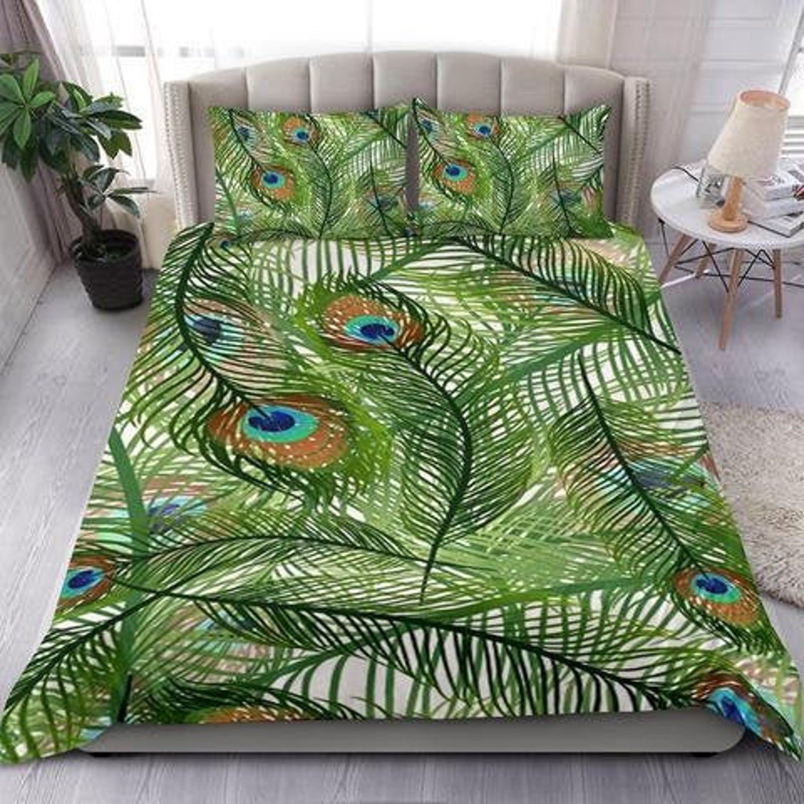 Green Peacock Feather Bedding Set Bed Sheets Spread Comforter Duvet Cover Bedding Sets