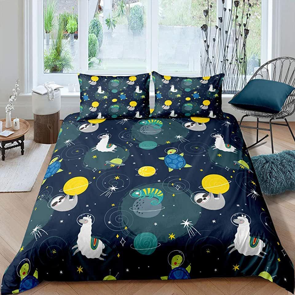 Alpaca Sloth Turtle And Lizard In Space Bedding Set Bed Sheets Spread Comforter Duvet Cover Bedding Sets