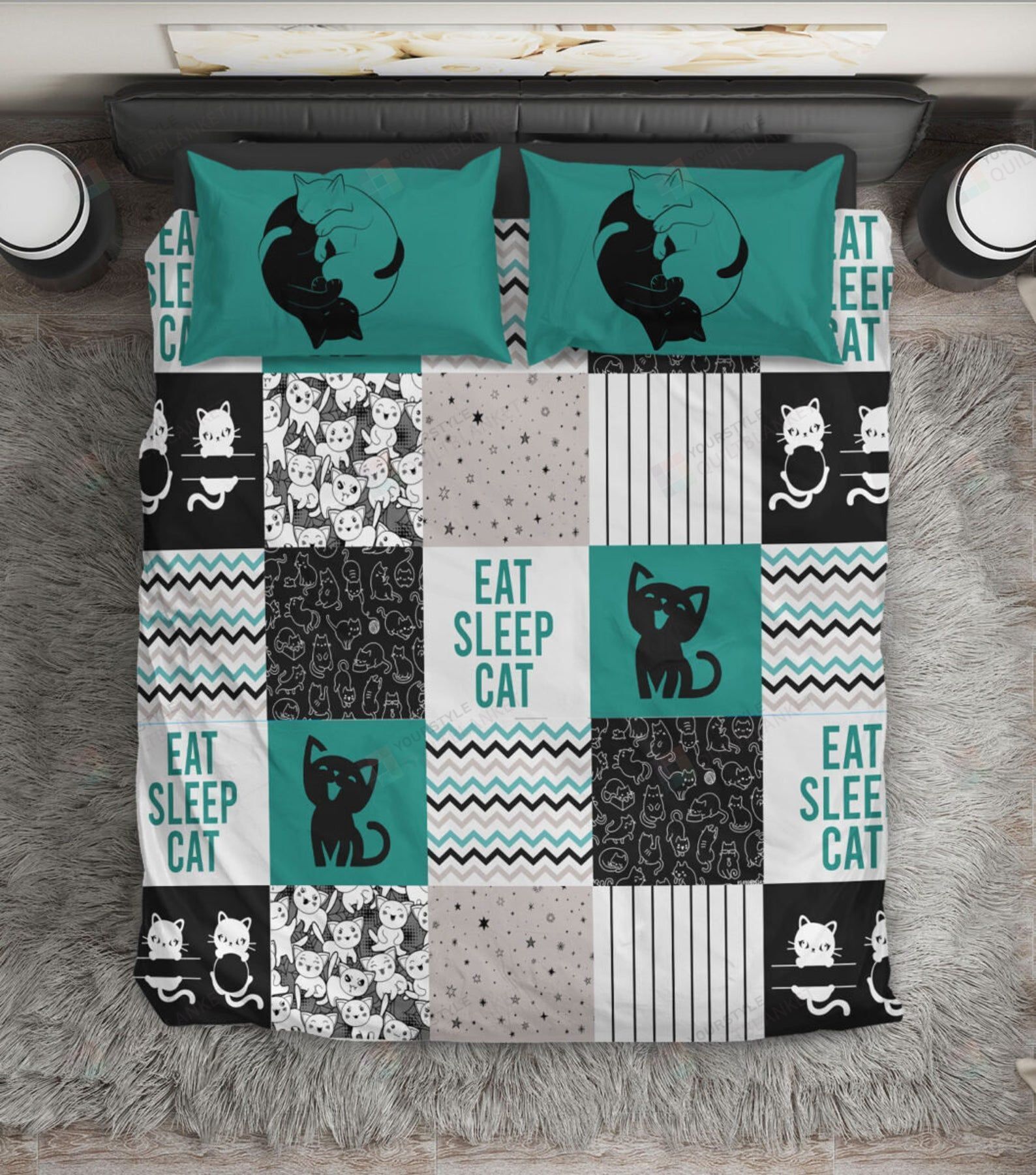 Cat Eat Sleep Cat  Bedding Set Bed Sheets Spread Comforter Duvet Cover Bedding Sets