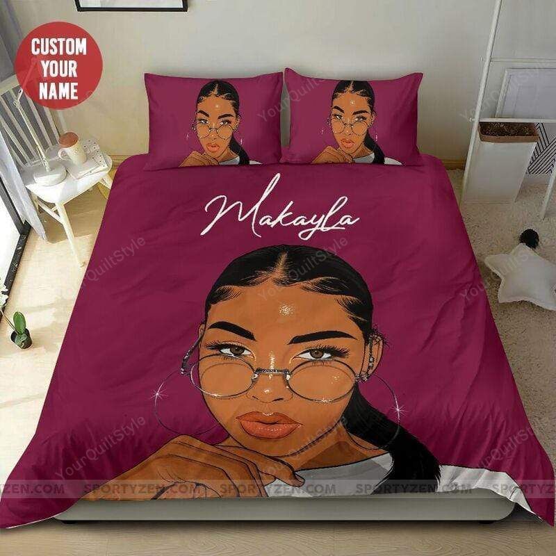 African American Black Girl Circle Earring Bedding Custom Name Duvet Cover Bedding Set