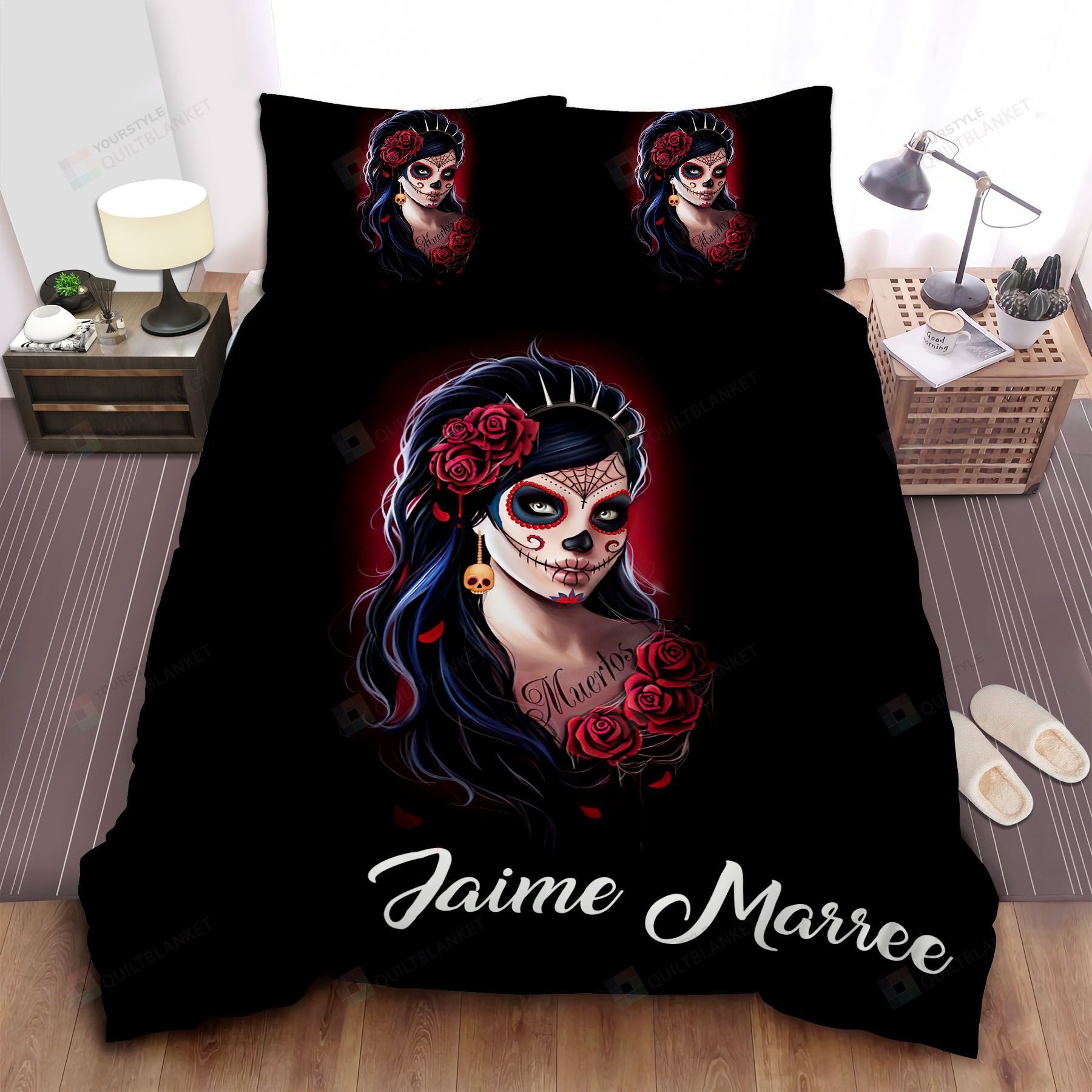 Rose Woman Skull Personalized Custom Name Duvet Cover Bedding Set