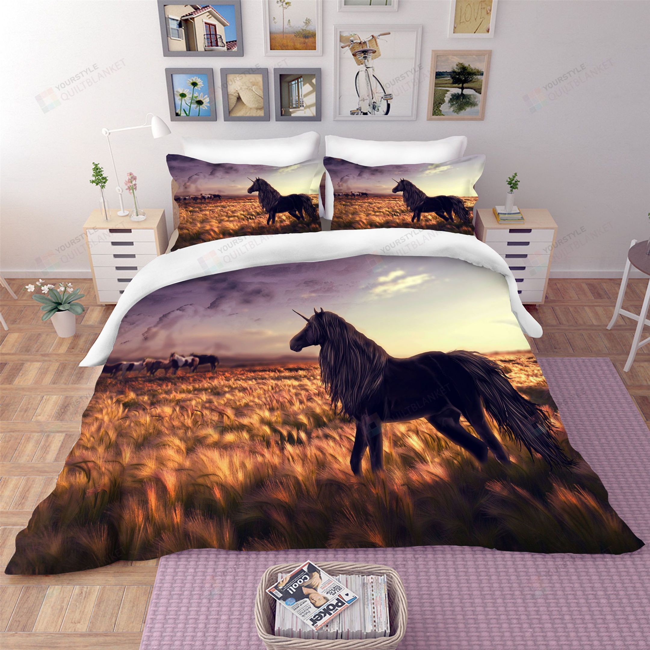 3D Grassland Sunset Unicorn Bed Sheets Duvet Cover Bedding Set