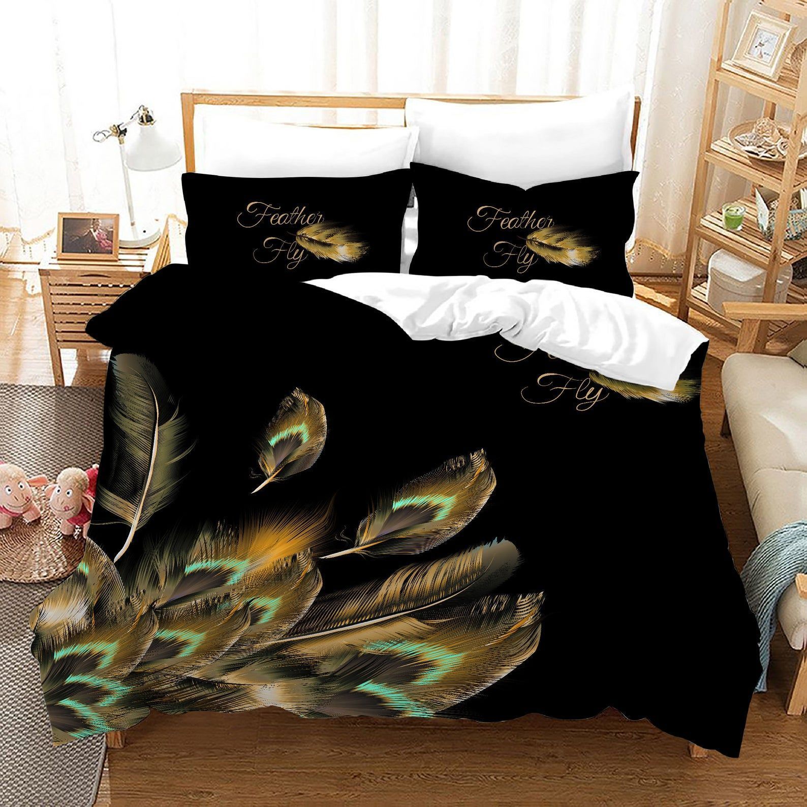Peacock Feather Fly Black Bedding Set Bed Sheets Spread Comforter Duvet Cover Bedding Sets