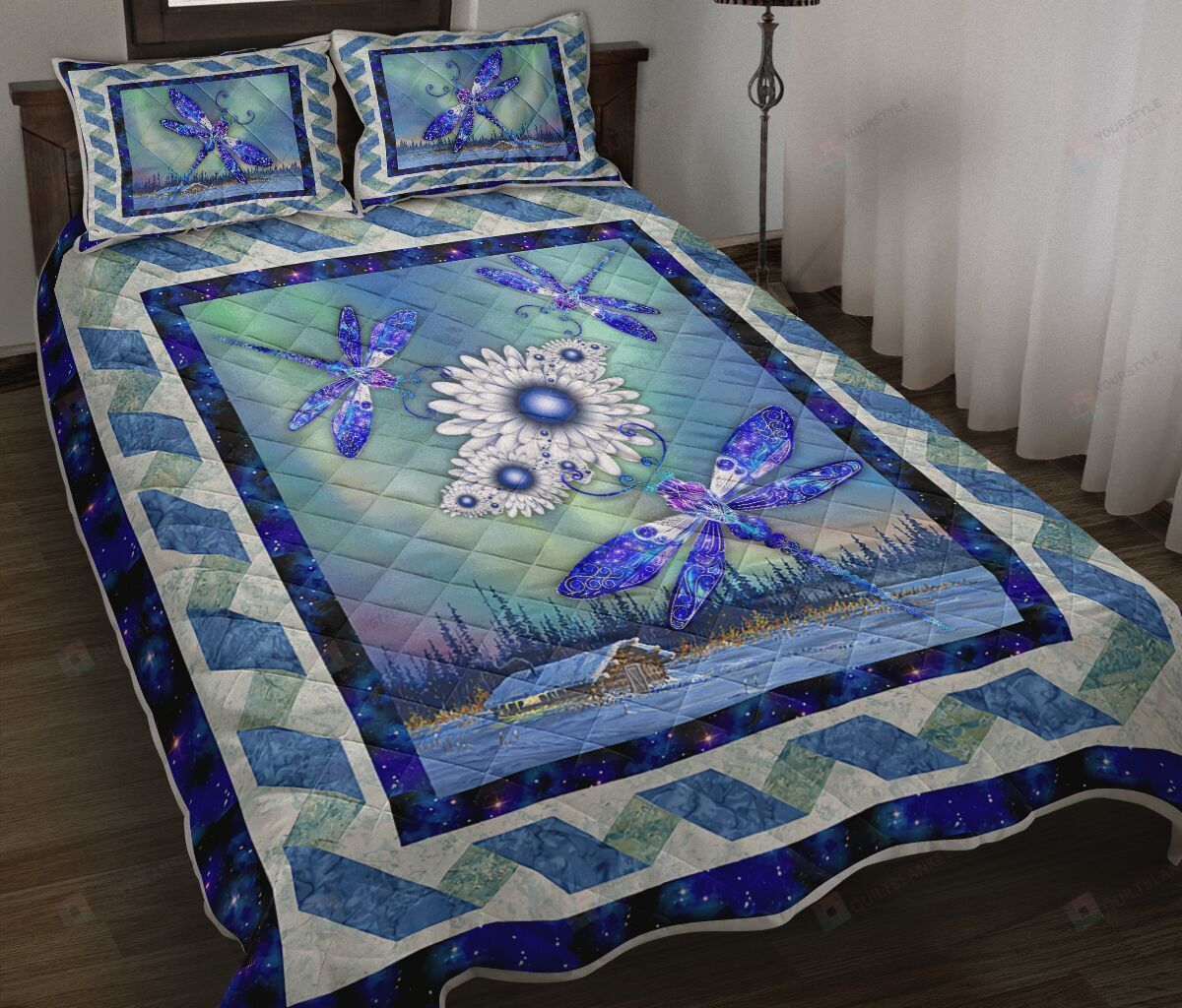 Dragonfly Flower Northern Lights Quilt Bedding Set