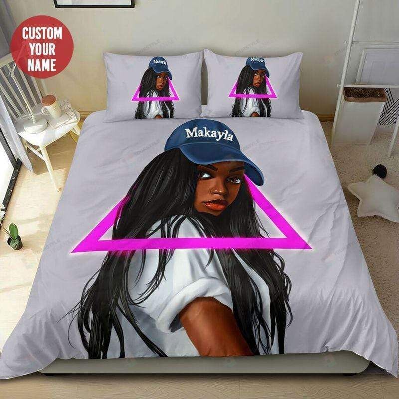 Black Girl Wear Cap Gray Bedding Custom Name Duvet Cover Bedding Set