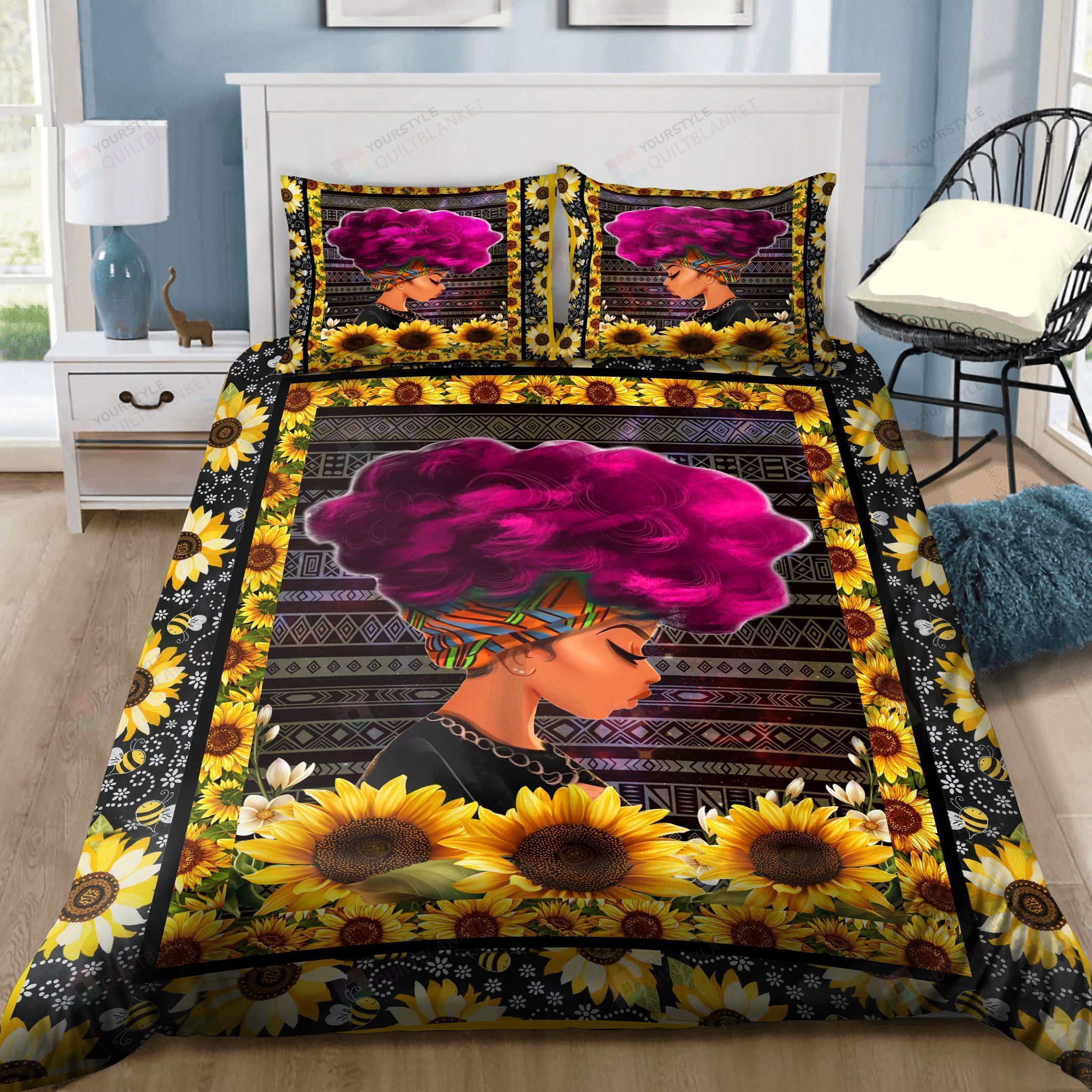 African Women And Sunflower Bedding Set Bed Sheets Spread Comforter Duvet Cover Bedding Sets