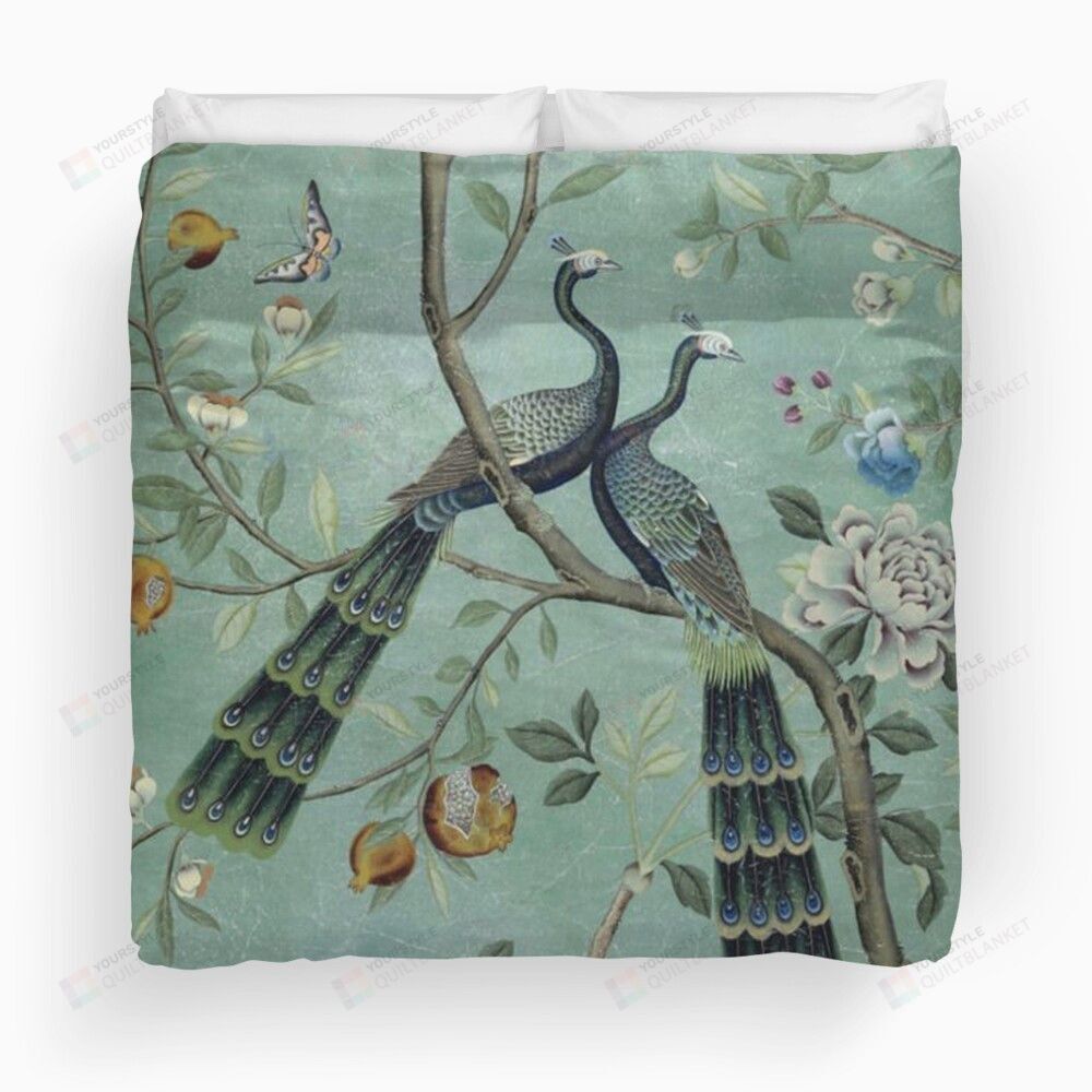 Peacock Couple Chinoiserie Duvet Cover Bedding Set