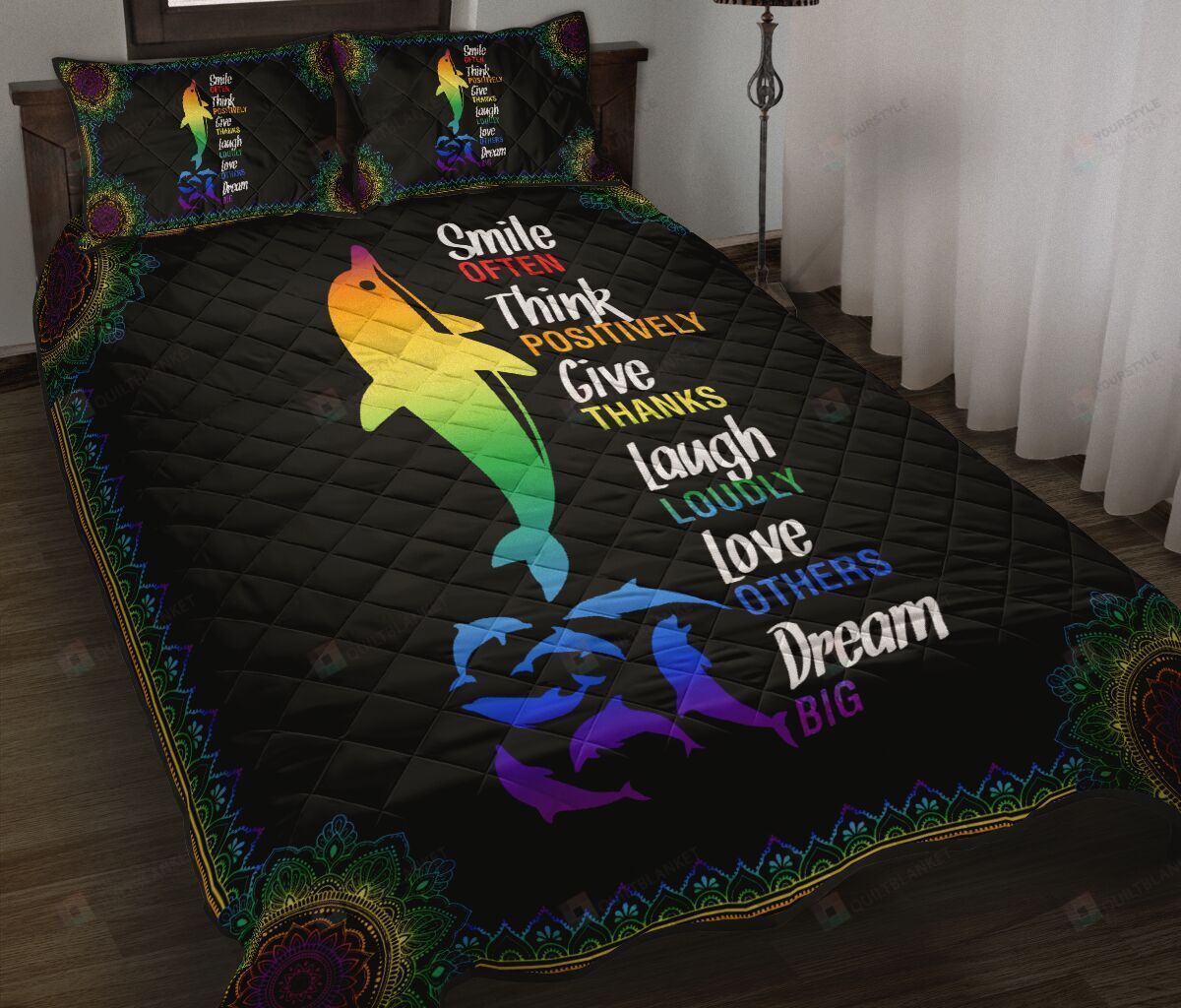 Dolphin Rainbow Color Smile Often Think Dolphin Quilt Bedding Set