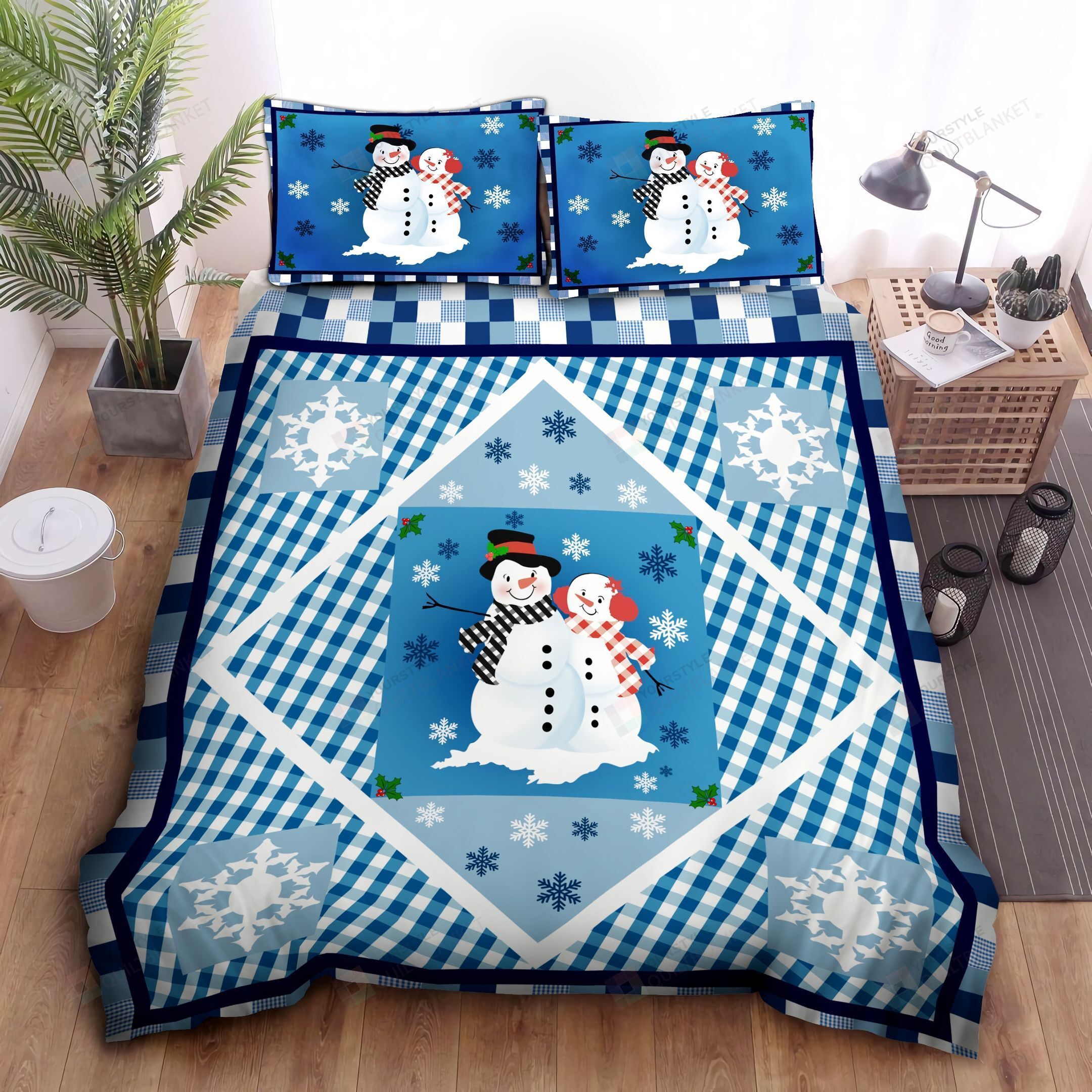 Blue Snowman Diamond Accent Patchwork Bedding Set