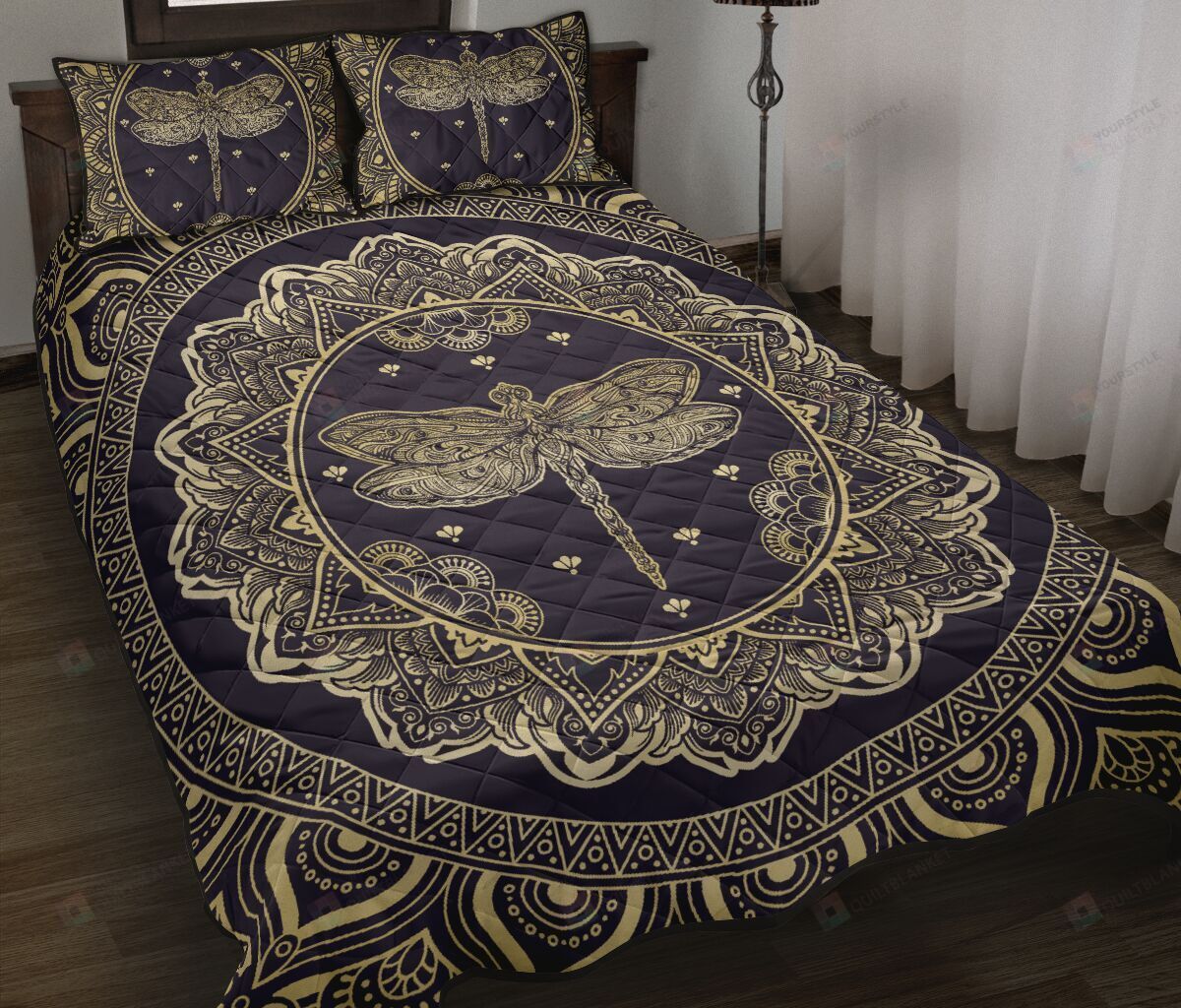 Dragonfly Mandala Gold Quilt Bedding Set