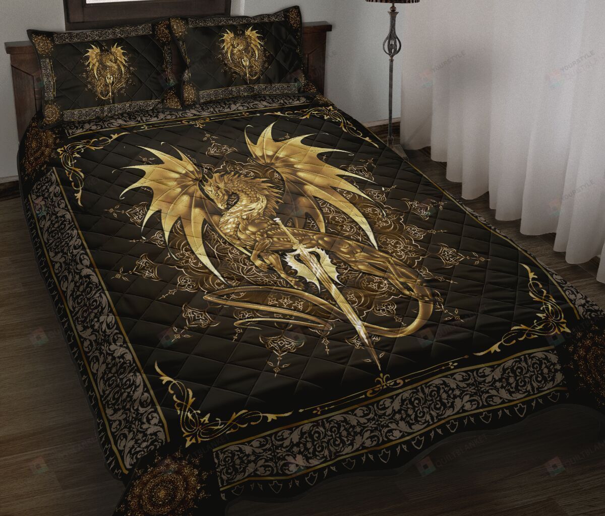 Dragon Motif Gold Quilt Bedding Set