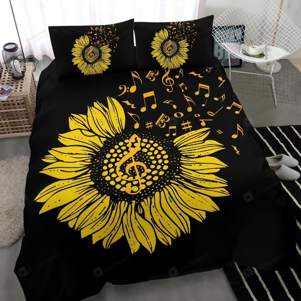 Music Notes Sunflower Black Bedding Set Cotton Bed Sheets Spread Comforter Duvet Cover Bedding Sets