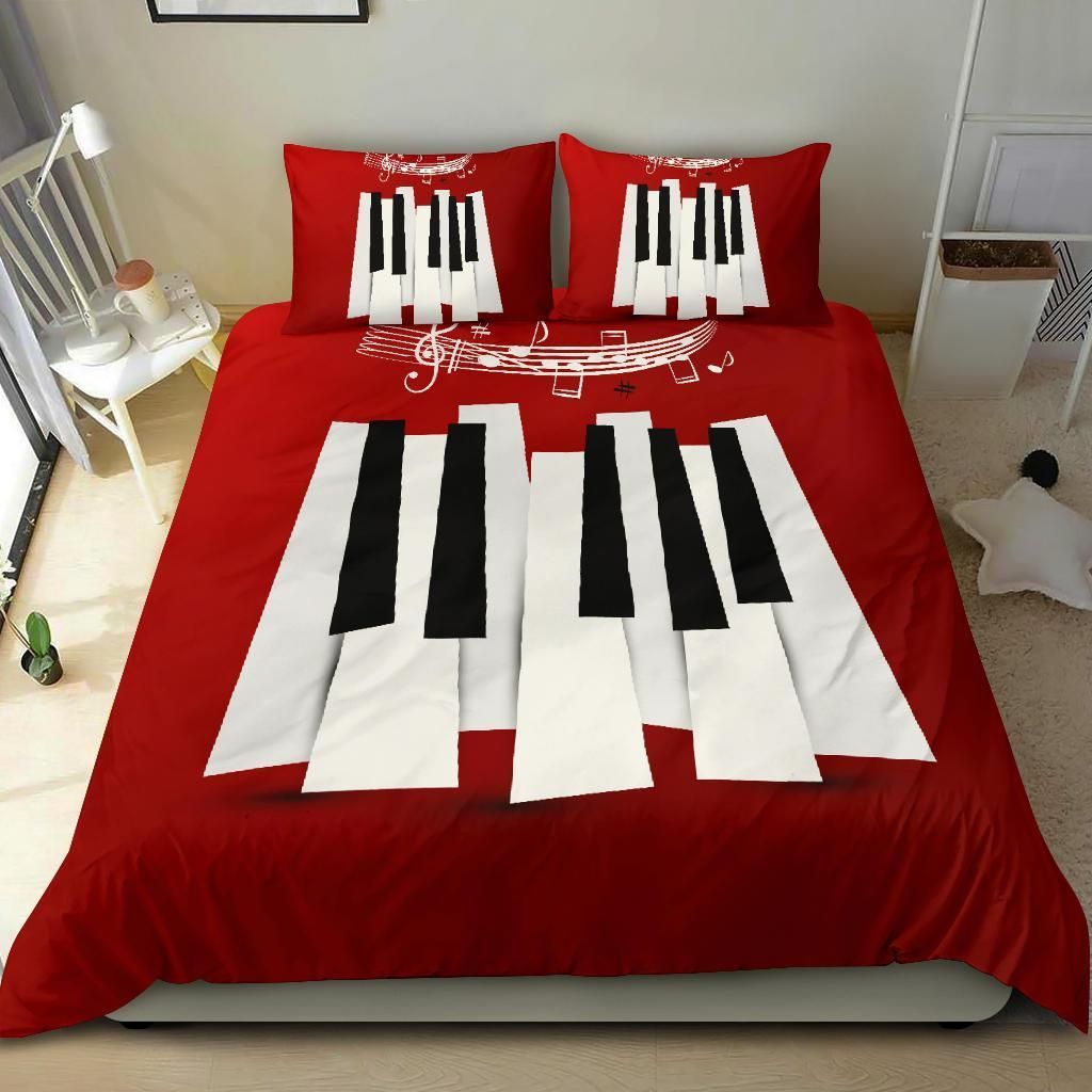 Piano Key And Musical Notes Red Bedding Set Cotton Bed Sheets Spread Comforter Duvet Cover Bedding Sets