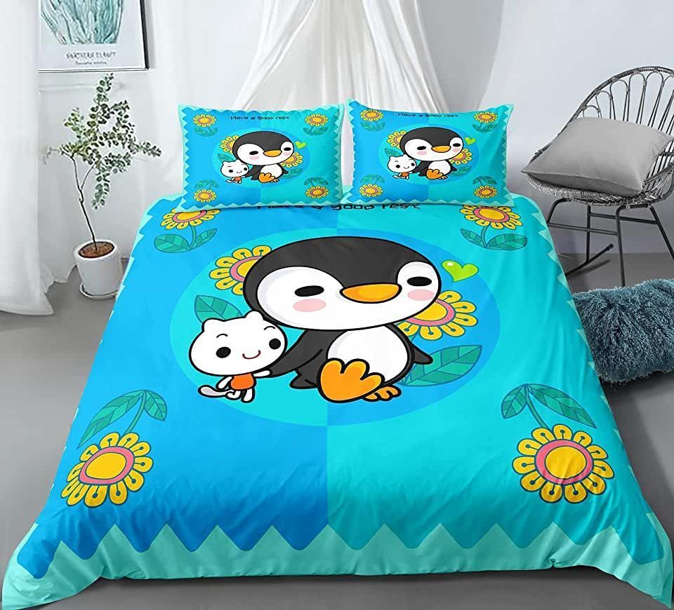 Penguin Cartoon Pattern Blue Bedding Set Bed Sheets Spread Comforter Duvet Cover Bedding Sets