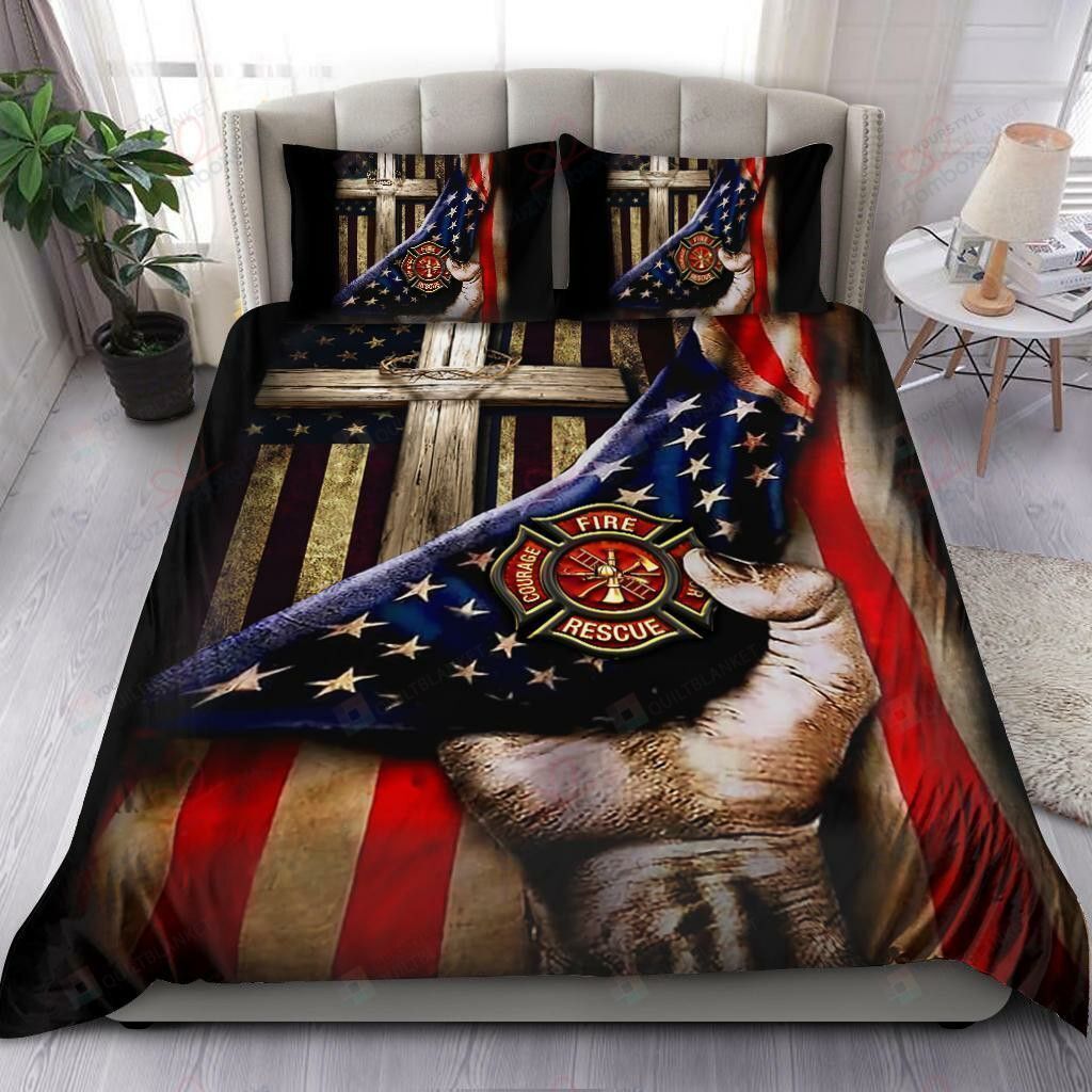 Jesus Christ Proud American Flag Firefighter Bedding Set Bed Sheets Spread Comforter Duvet Cover Bedding Sets