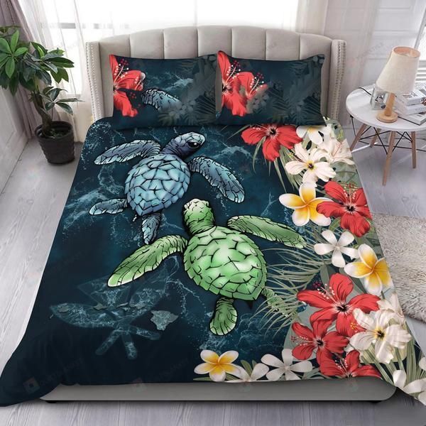 Kanaka Maoli (Hawaiian) Bedding Set, Sea Turtle Tropical Hibiscus And Plumeria Bed Sheets Spread Comforter Duvet Cover Bedding Sets