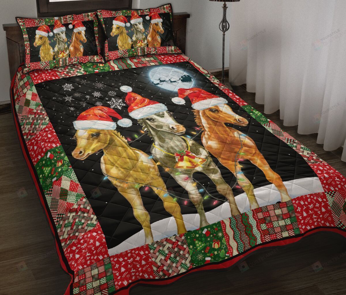 Horse Christmas Patchwork Night Quilt Bedding Set