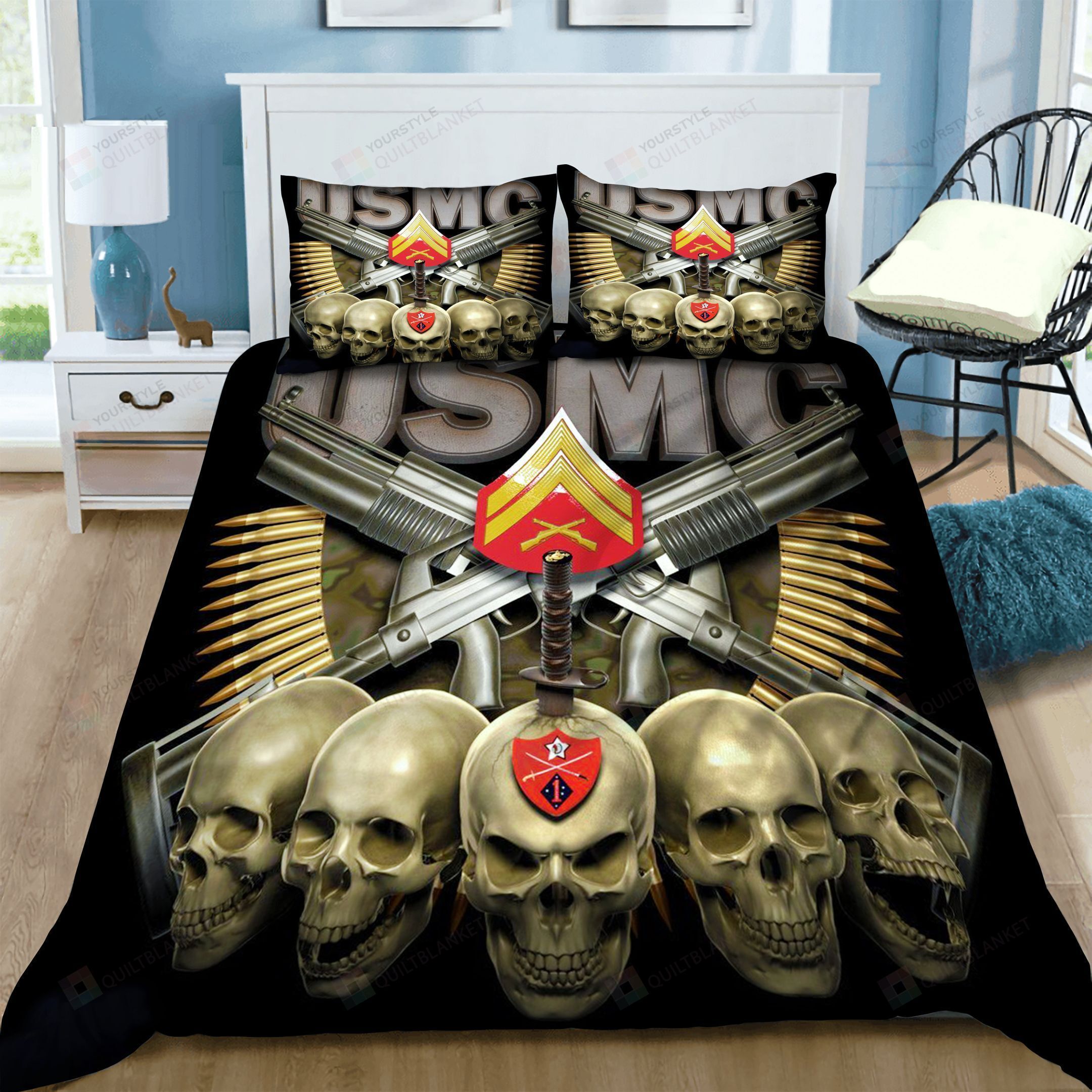 Skull US Marine Corp Bedding Set Cotton Bed Sheets Spread Comforter Duvet Cover Bedding Sets