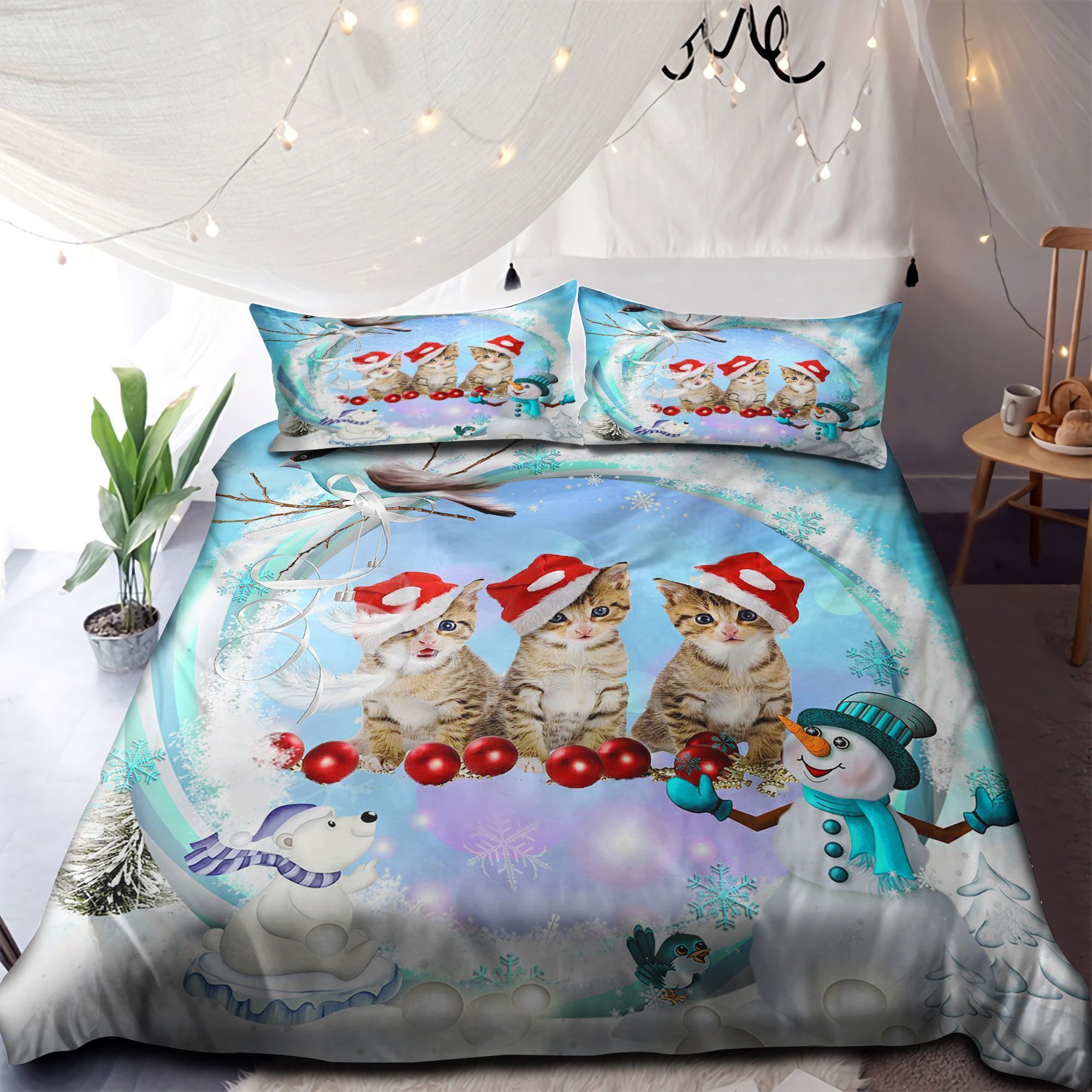 Three Lovely Cats Merry Christmas Bedding Set Cotton Bed Sheets Spread Comforter Duvet Cover Bedding Sets