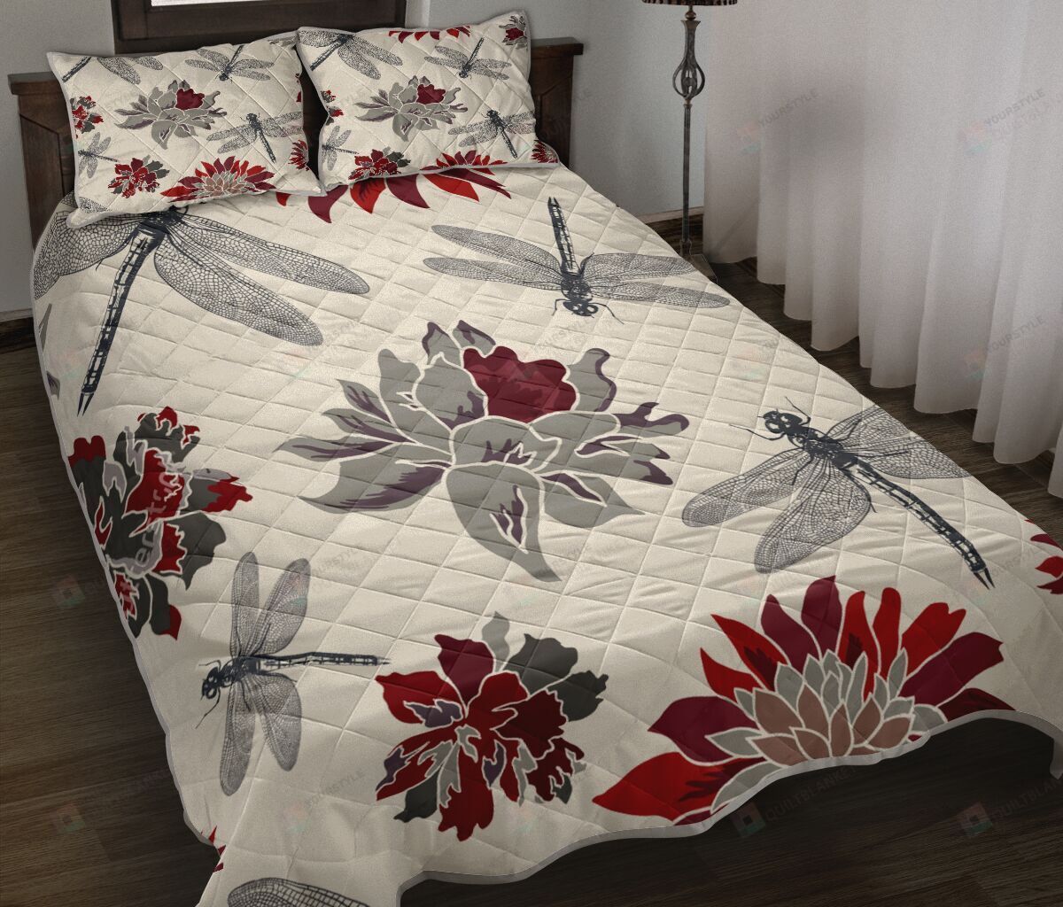 Dragonfly Flower Seamless Quilt Bedding Set