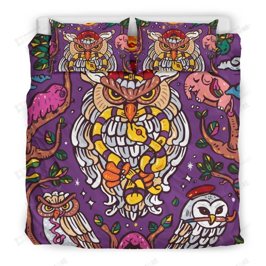 Colorful Owl Purple Bed Sheets Spread Duvet Cover Bedding Set