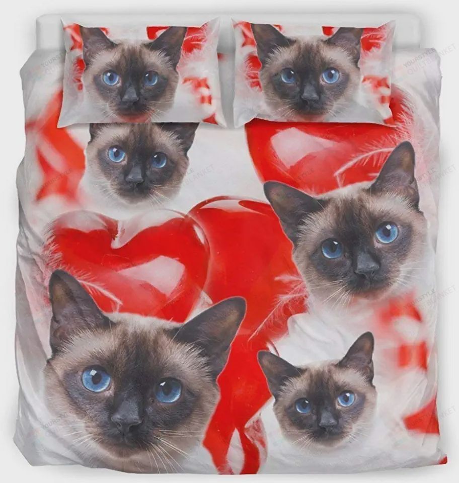 Cute Siamese Cat With Heart Print Bedding Set Bed Sheets Spread Comforter Duvet Cover Bedding Sets