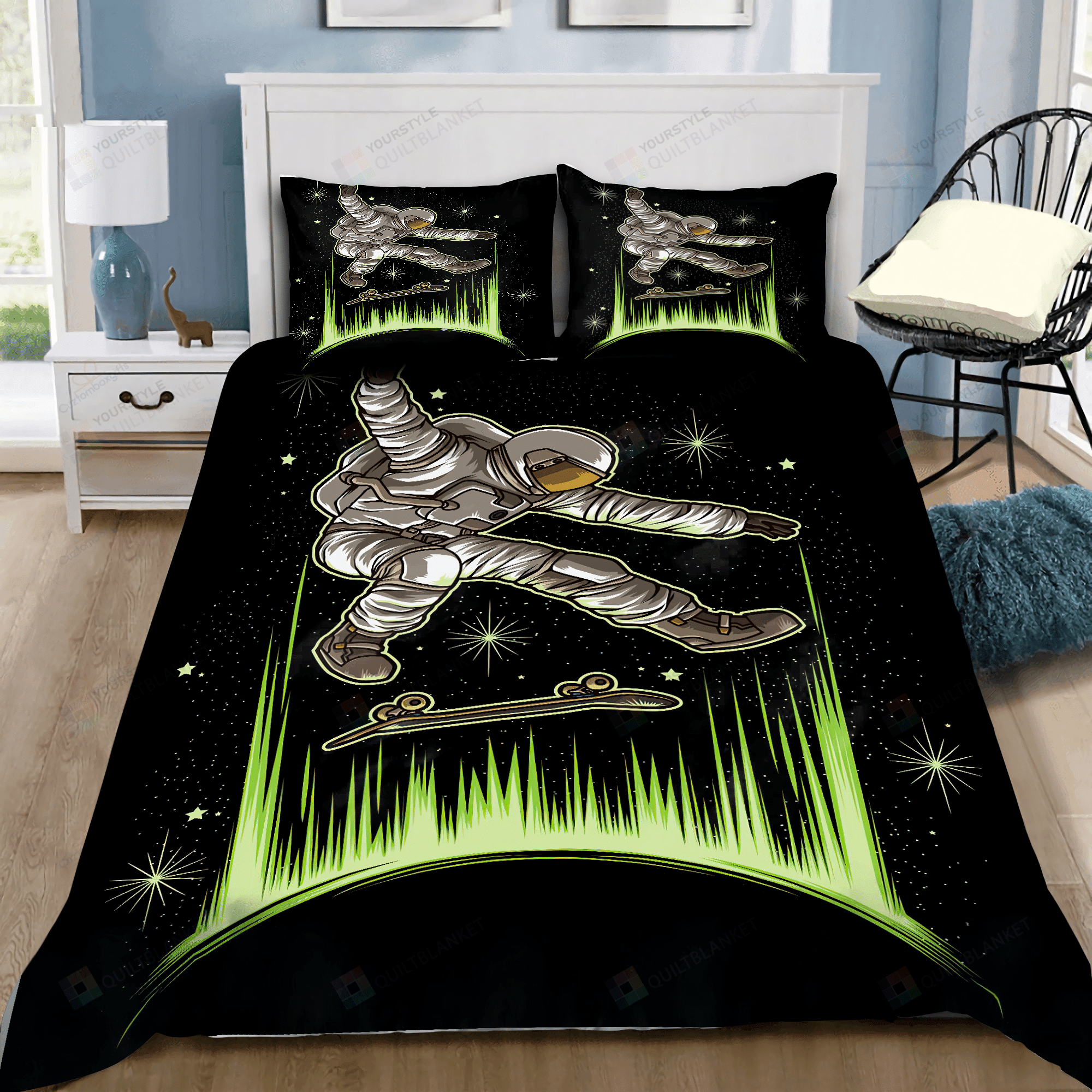 Skateboard Astronaut In Galaxy Bedding Set Bed Sheets Spread Comforter Duvet Cover Bedding Sets