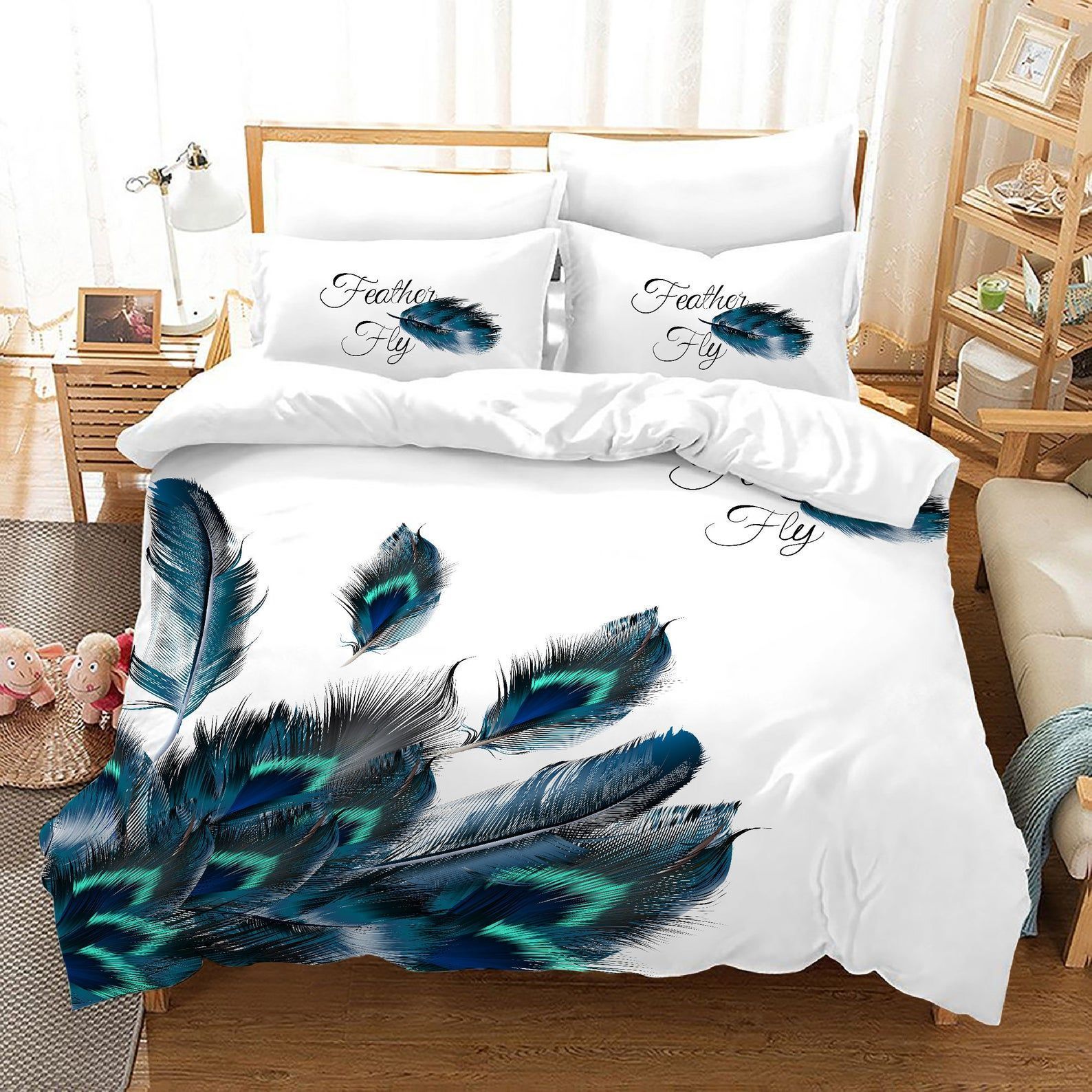 Peacock Feather Fly Bedding Set  Bed Sheets Spread Comforter Duvet Cover Bedding Sets