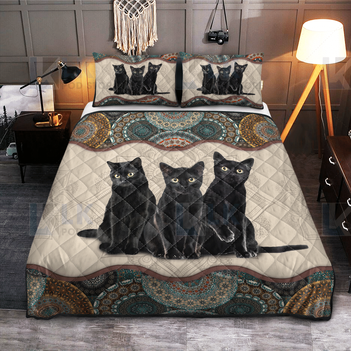 Black Cat Mandala Quilt Bedding Set