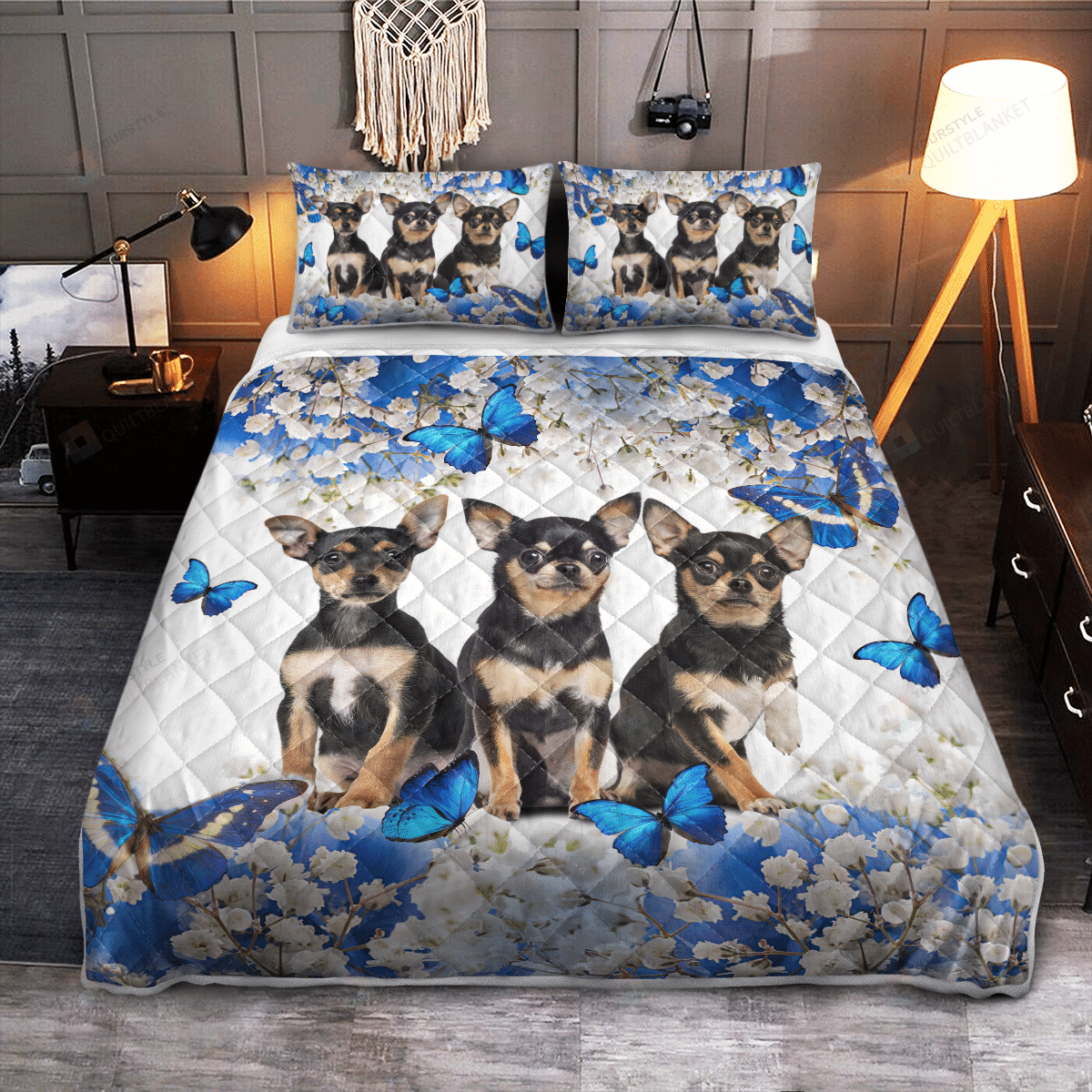 Chihuahua Blue Flower Butterfly Quilt Bedding Set