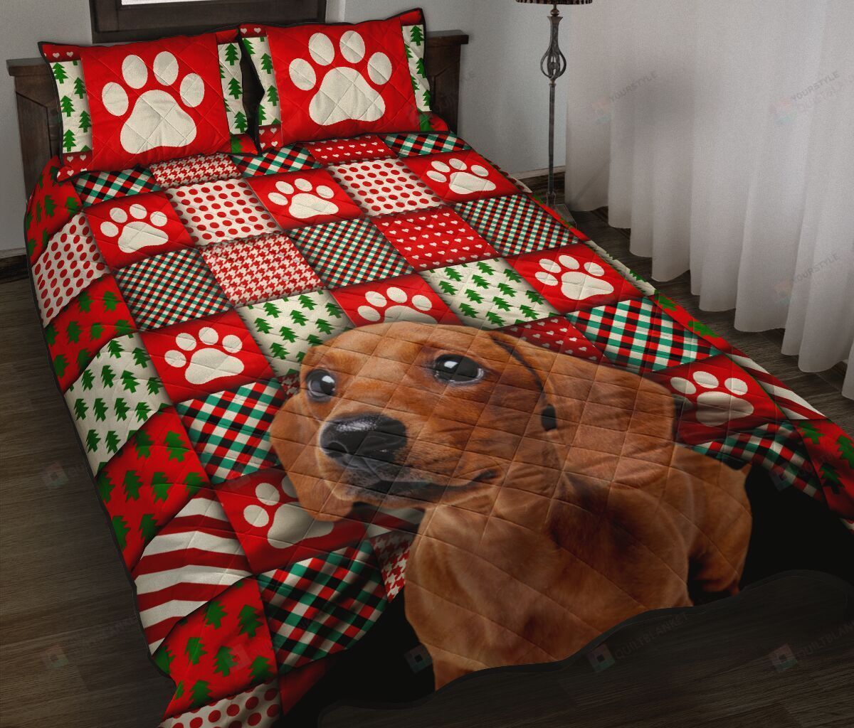 Dachshund Dog Christmas Quilt Bedding Set