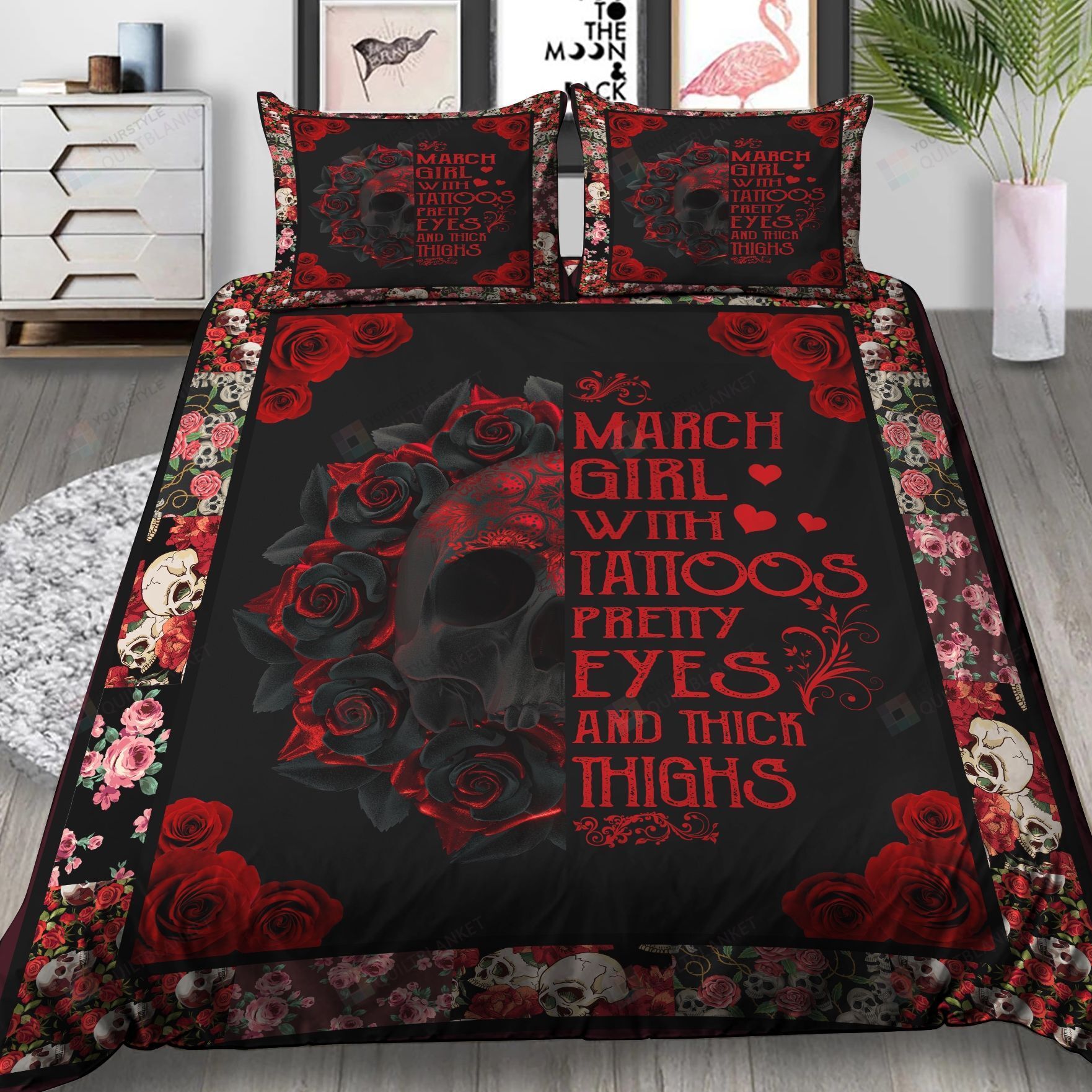 March Girl Red Skull Rose Bedding Set Nh201039