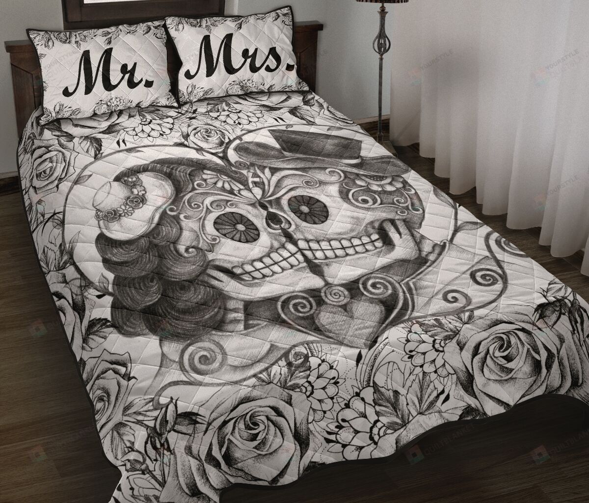 Mr. And Mrs. Couple Rose Skull Quilt Bedding Set