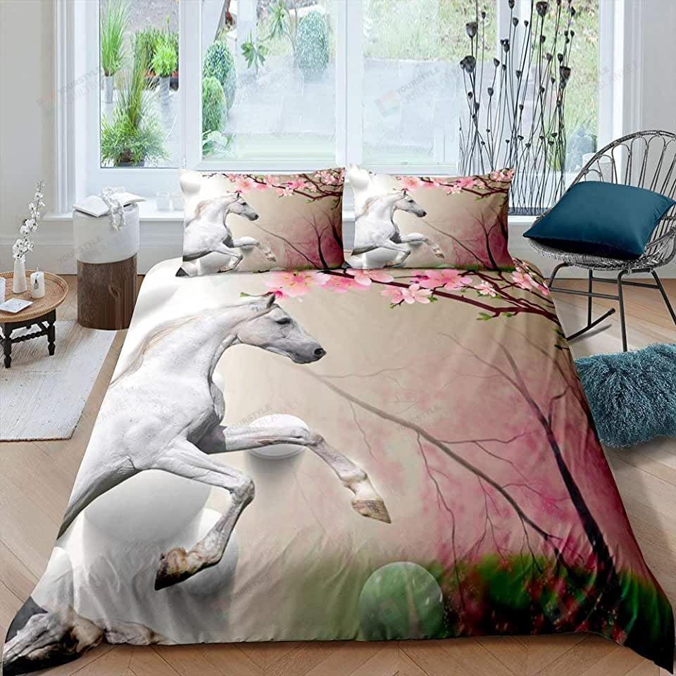 White Horse And Cherry Blossoms Bedding Set Bed Sheets Spread Comforter Duvet Cover Bedding Sets