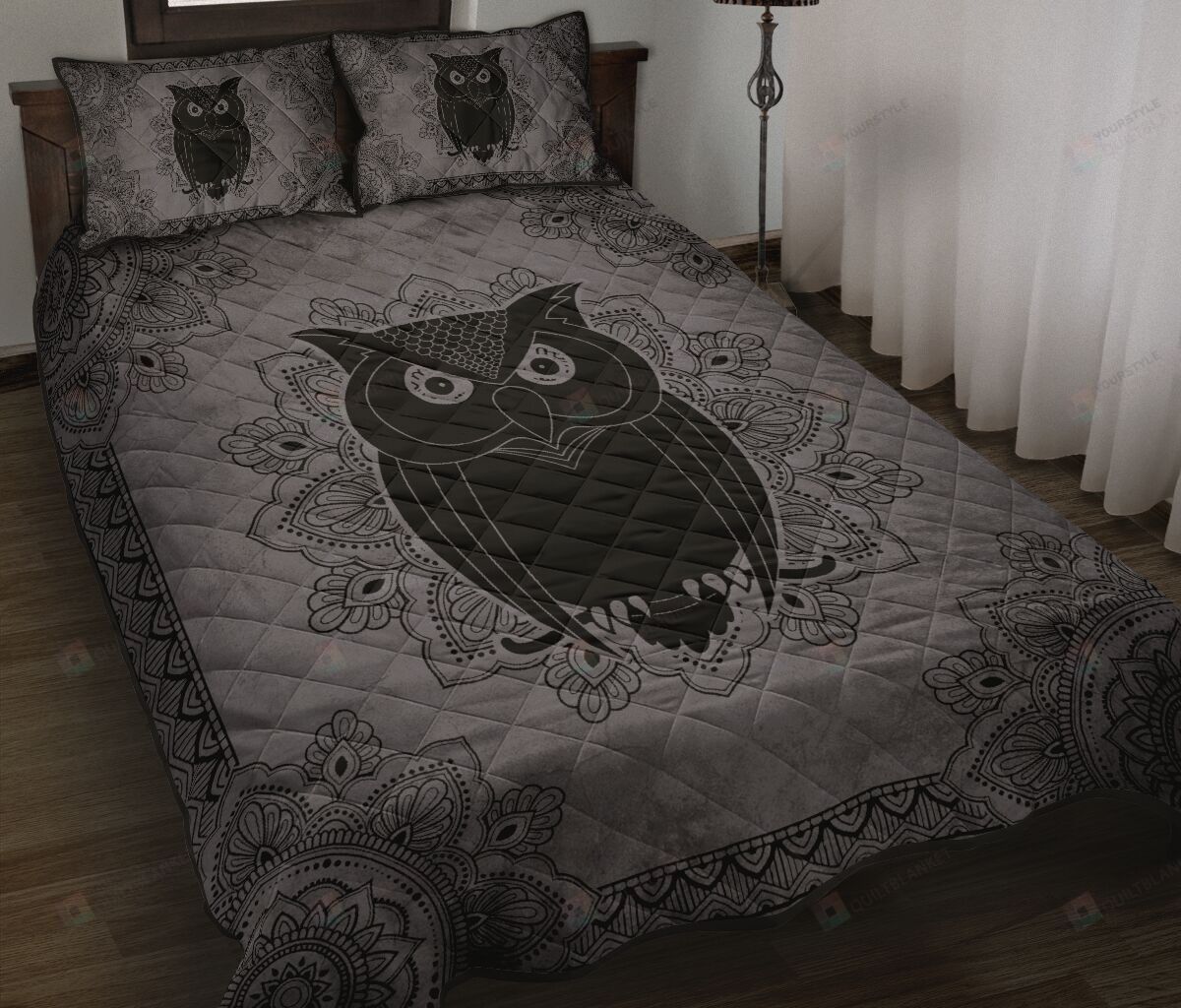 Black And Grey Owl Quilt Bedding Set
