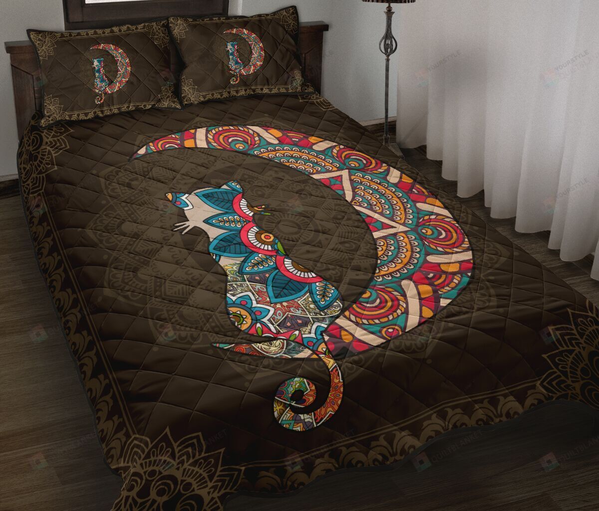 Cat And Moon Mandala Quilt Bedding Set